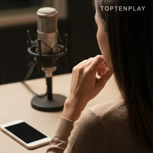 Animatrice de radio réagissant devant un microphone