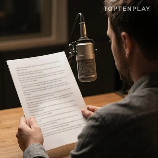Animatrice lisant une liste dans un studio radio
