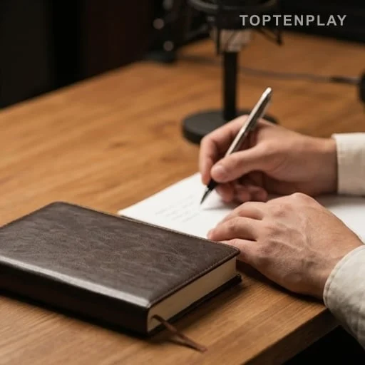 Livre fermé et mains écrivant près d’un microphone
