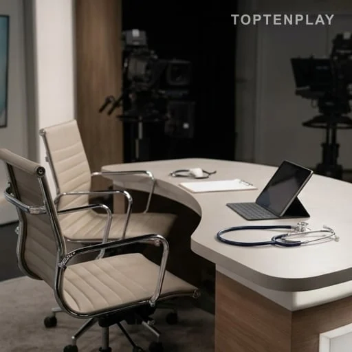 Plateau santé télévisé avec deux fauteuils de présentateurs
