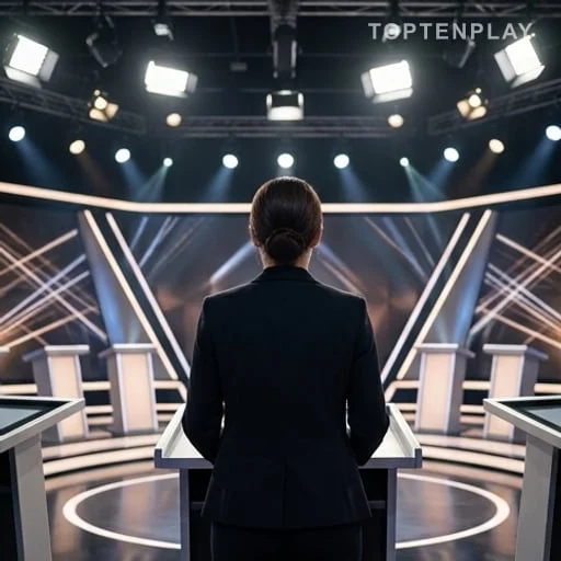 Plateau de jeu télévisé avec candidat de dos