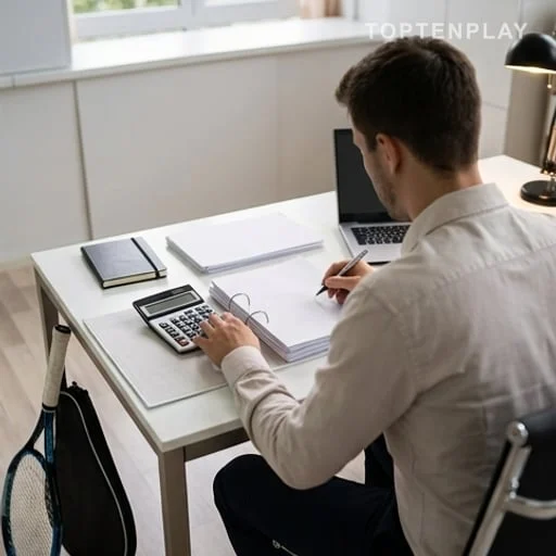 Jeune comptable de dos avec calculatrice et raquette