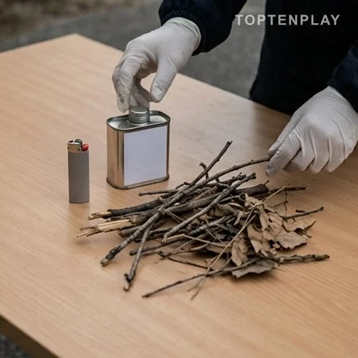 Briquet, récipient d’essence et brindilles sur une table