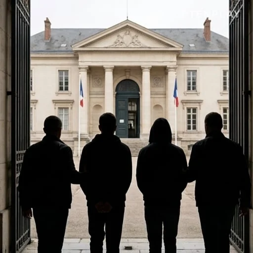 Deux silhouettes entrant dans un tribunal français