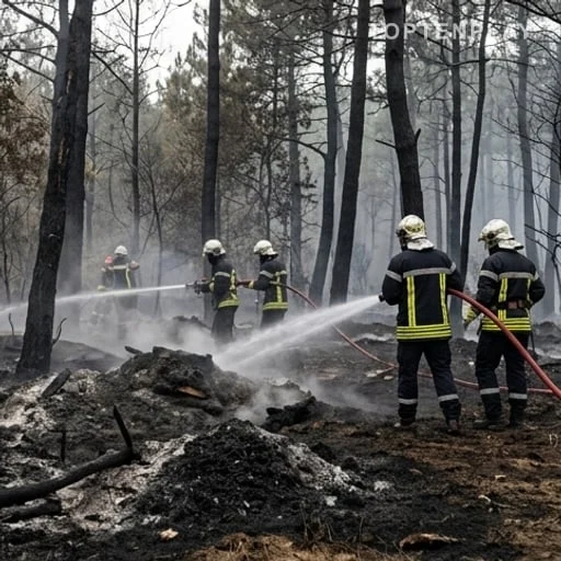 Pompiers noyant les braises dans une forêt brûlée