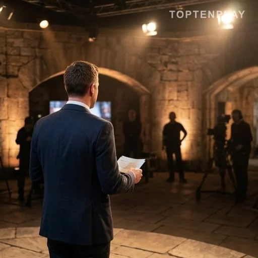 Présentateur de dos sur un plateau de jeu télévisé