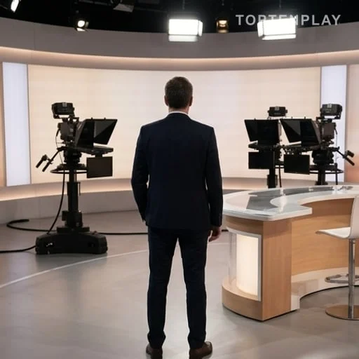 Présentateur de dos quittant un plateau de matinale télévisée