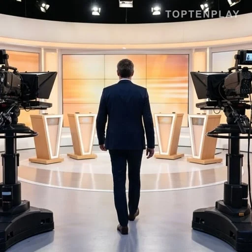 Animateur de dos entrant sur un plateau de jeu télévisé