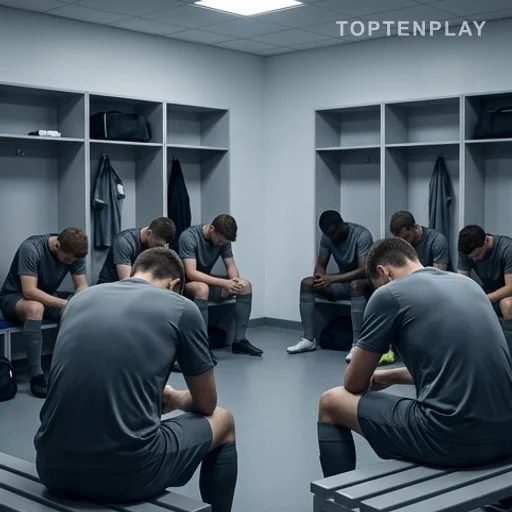 Joueurs assis dans un vestiaire après une élimination