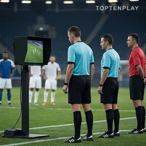 Arbitres près d’un écran de contrôle vidéo au stade