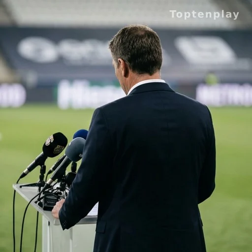 Sélectionneur de dos face aux micros lors d'une conférence de presse d'après-match