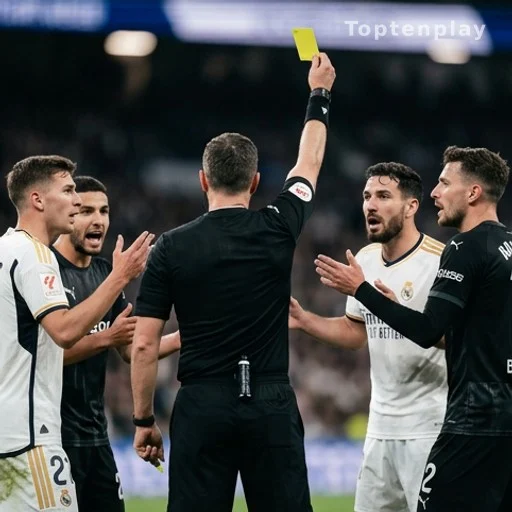 Arbitre brandissant un carton jaune entouré de joueurs lors d'un match international