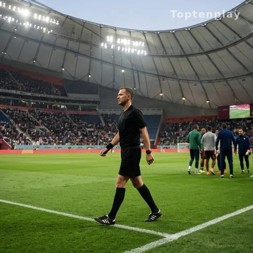 Arbitre entrant sur la pelouse d'un stade pour une demi-finale de Coupe du Monde