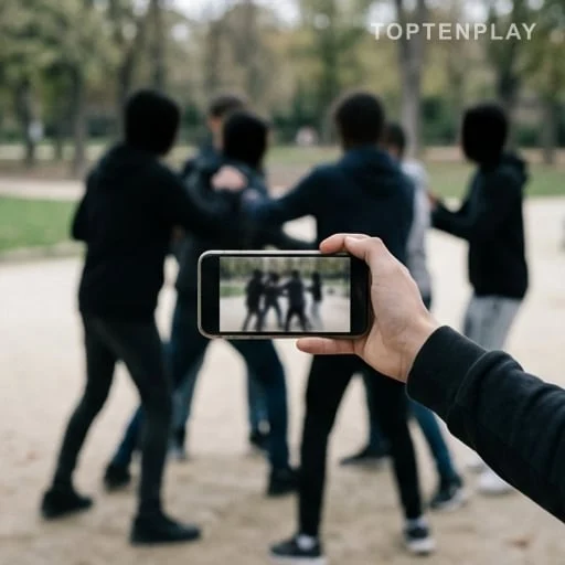 Téléphone filmant de loin une altercation entre silhouettes anonymes