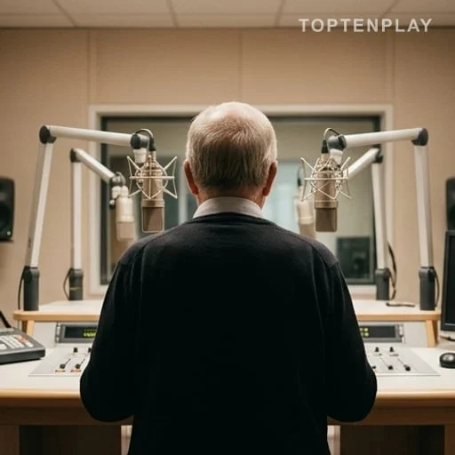 Comédien âgé interviewé de dos dans un studio radio