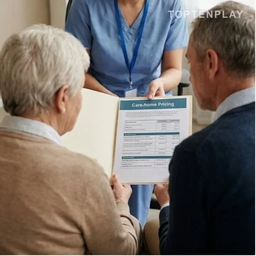 Famille examinant les tarifs d’un établissement pour personnes âgées