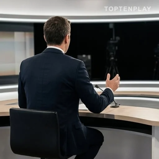 Présentateur de journal télévisé vu de dos en studio