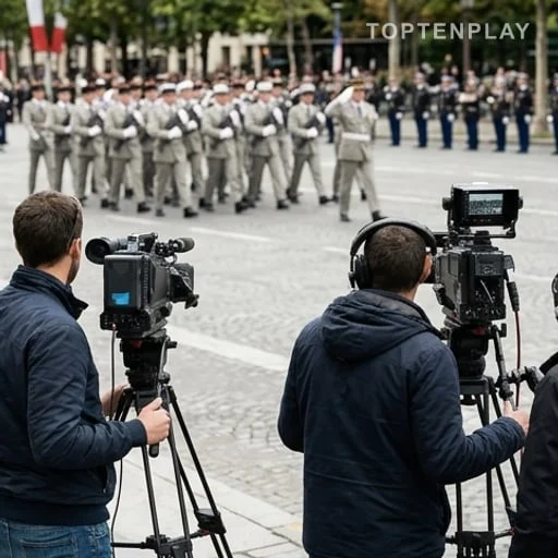 Équipe de télévision filmant un défilé militaire du 14 juillet