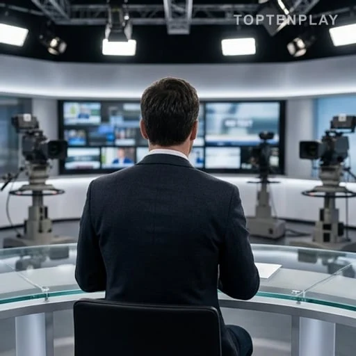 Présentateur de dos devant le plateau d’un journal télévisé