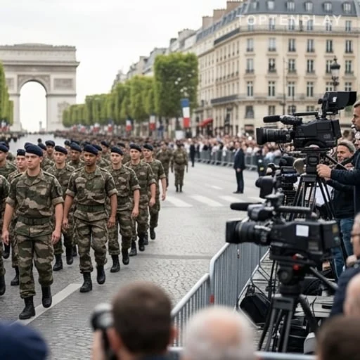 Équipe de télévision filmant un défilé militaire du 14 juillet
