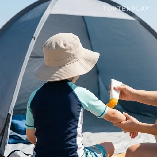 Protection solaire enfant près d’une tente anti-UV