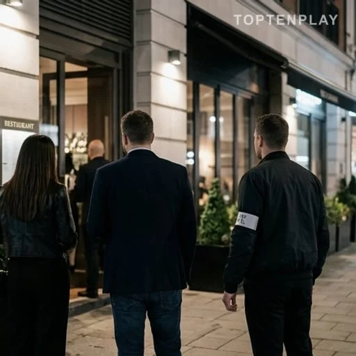 Sortie de restaurant avec silhouettes et brassard de police