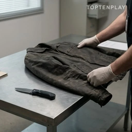 Couteau et veste sur table d’enquête judiciaire