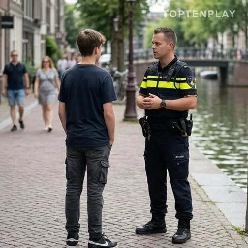 Adolescent de dos face à un policier près d’un canal