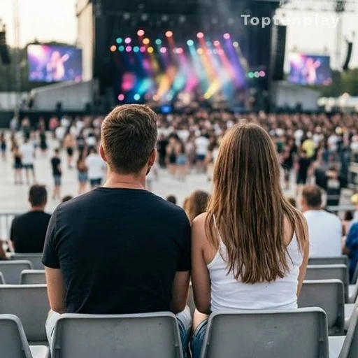 Deux silhouettes assises côte à côte dans des tribunes lors d'un concert