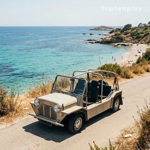 Mini Moke décapotable garée sur une route ensoleillée près de la mer
