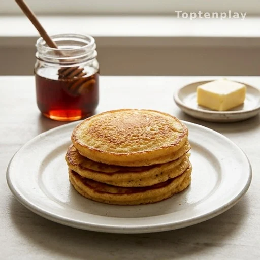 Assiette de hoecakes dorés avec miel et beurre, recette économique sans gluten