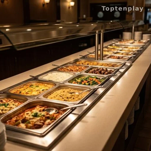 Comptoir de buffet à volonté avec plusieurs plats dans un restaurant