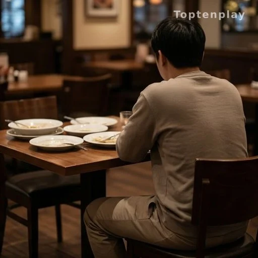 Client seul attablé dans un restaurant, vu de dos, assiettes vides devant lui