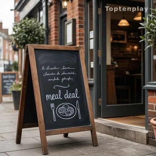Entrée de restaurant avec panneau ardoise affichant une formule repas