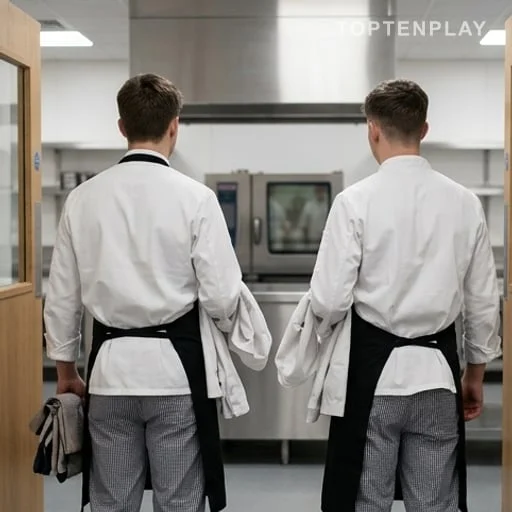 Deux chefs de dos entrant en formation culinaire