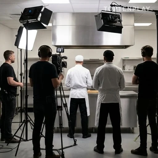 Équipe de tournage dans une cuisine pédagogique