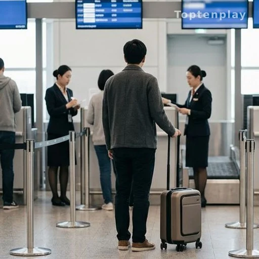 Voyageur tenant une valise cabine face au personnel d'embarquement dans un aéroport