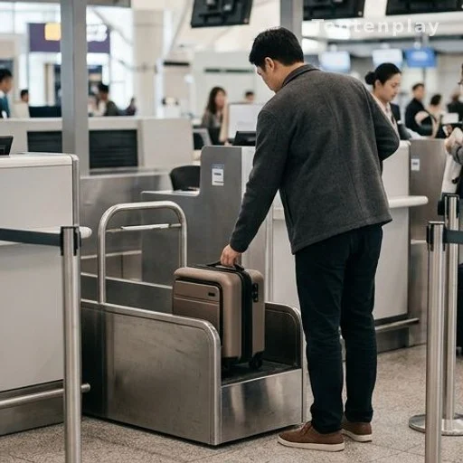 Valise cabine testée dans un gabarit de mesure à l'aéroport