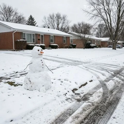 Bonhomme de neige détruit par des traces de pneus dans un jardin enneigé