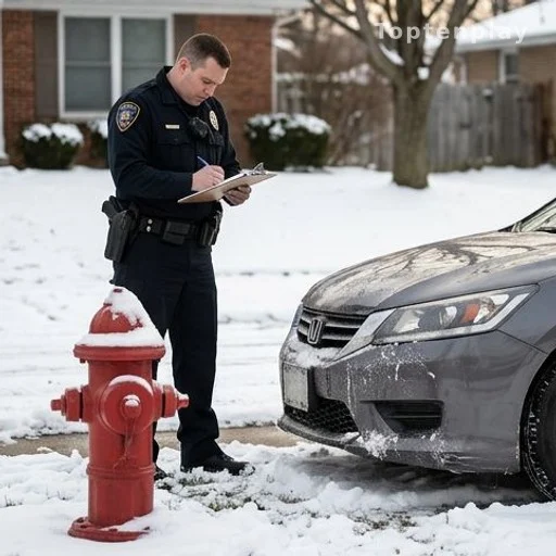 Voiture endommagée après avoir percuté une borne d'incendie sous la neige, intervention policière