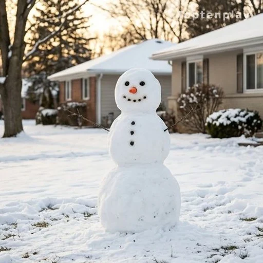 Bonhomme de neige intact dans un jardin résidentiel enneigé après résolution du conflit de voisinage