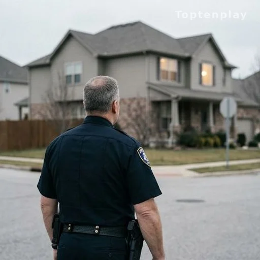 Policier de dos observant une grande maison d'angle avec une fenêtre éclairée