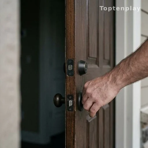 Porte d'entrée d'une maison entrouverte, main sur le battant prête à la refermer