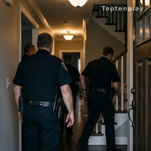 Policiers en uniforme pénétrant de force dans le couloir d'une maison résidentielle