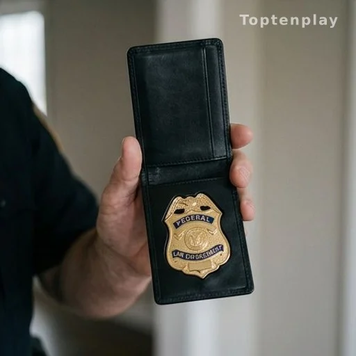 Main brandissant un badge d'agent fédéral face à l'objectif