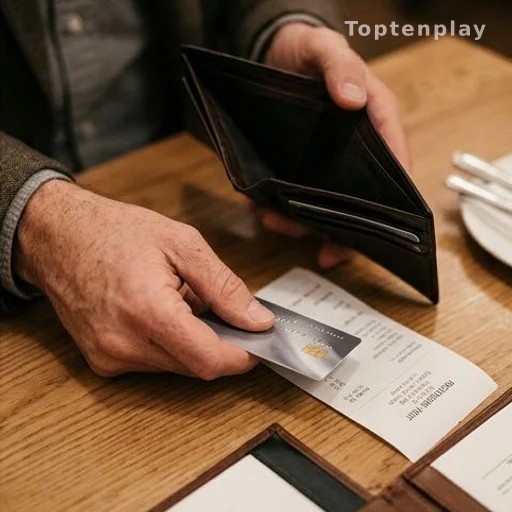 Portefeuille vide et carte bancaire posés sur une addition de restaurant