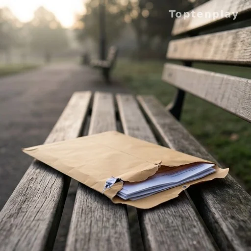 Enveloppe déchirée contenant des chèques posée sur un banc public