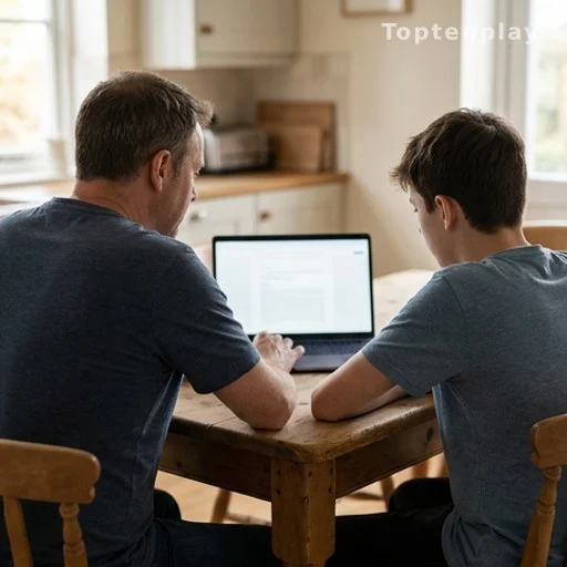 Père et fils cherchant le propriétaire d'une enveloppe grâce à l'intelligence artificielle