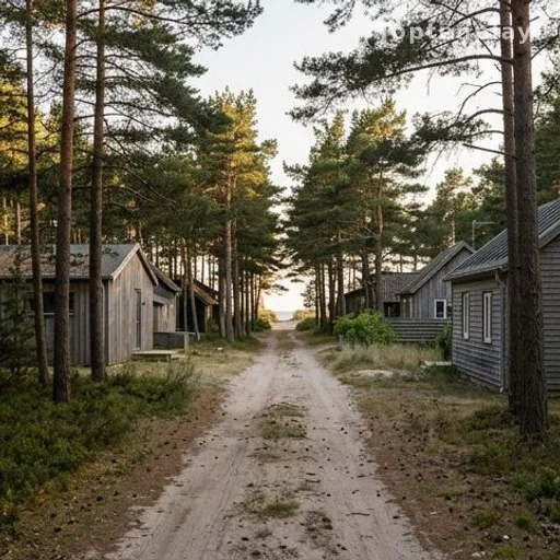 Allée de pins et maisons en bois typiques d'une presqu'île atlantique