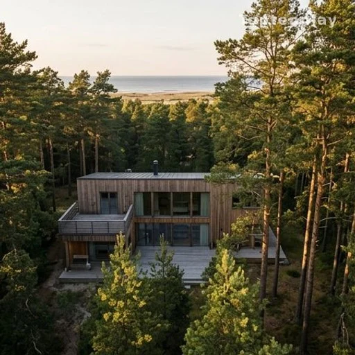 Villa en bois de luxe entourée de pins sur le littoral atlantique